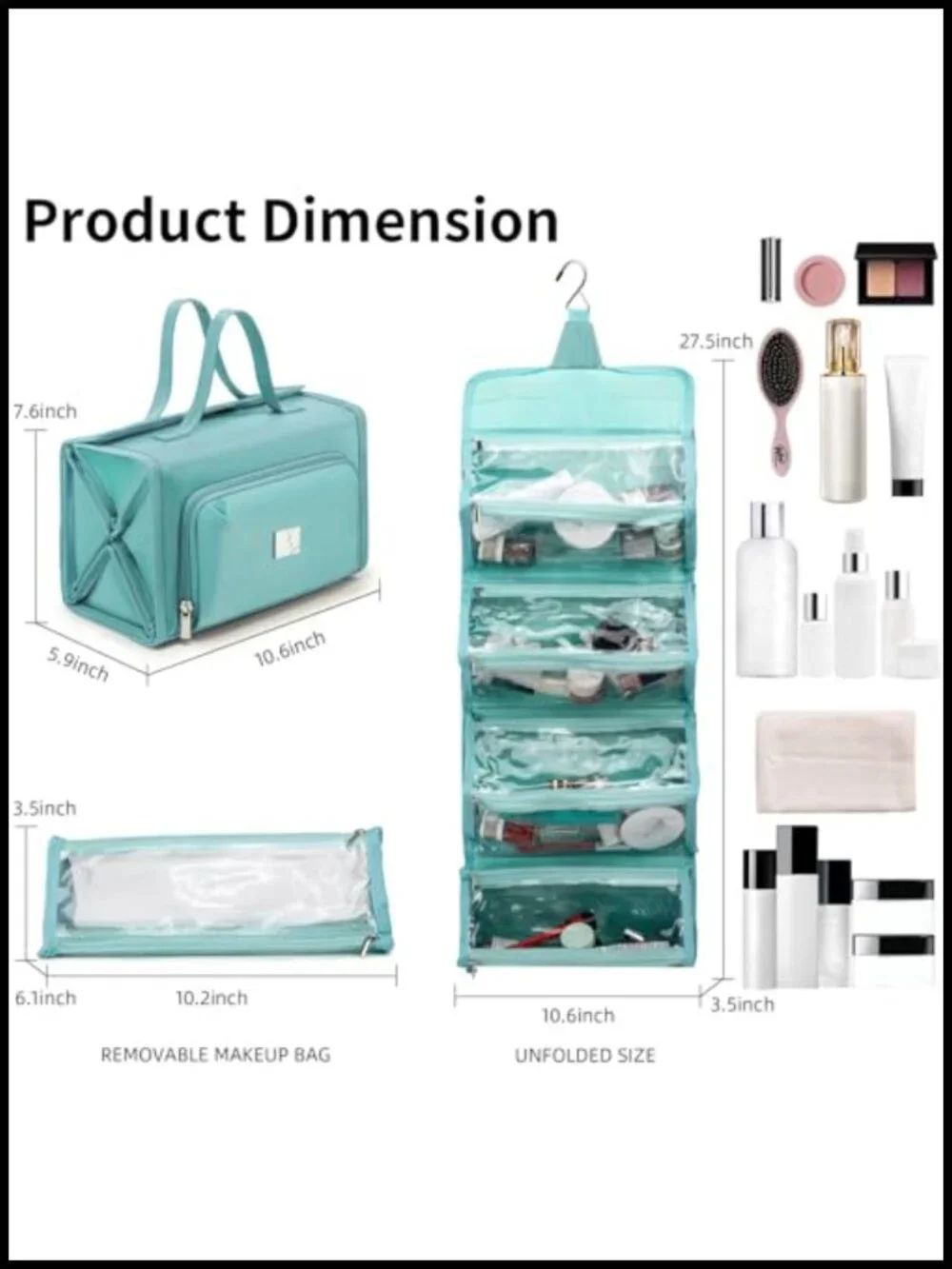 Roll Up Makeup Bag, Hanging Travel Toiletry Organizer with Clear Pouches,